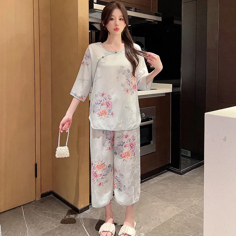 Ice Silk Sleepwear Women Summer Print Floral Pajamas Sets Vintage Nightwear Spring Autumn Homewear Sets Pijama Mujer Korean