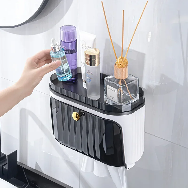 

Wall-mounted tissue box, no punching, waterproof paper drawer, toilet paper storage rack paper towel holder toilet paper holder