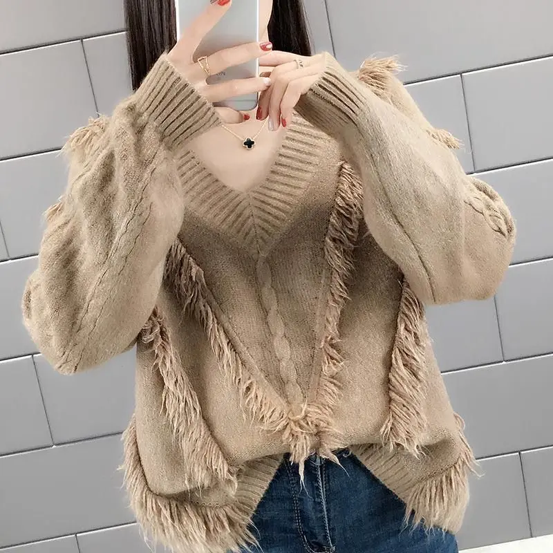 

Casual Loose Solid Color Stylish Tassel Sweaters Female Clothing 2023 Autumn Winter New Korean All-match V-Neck Knitted Jumpers