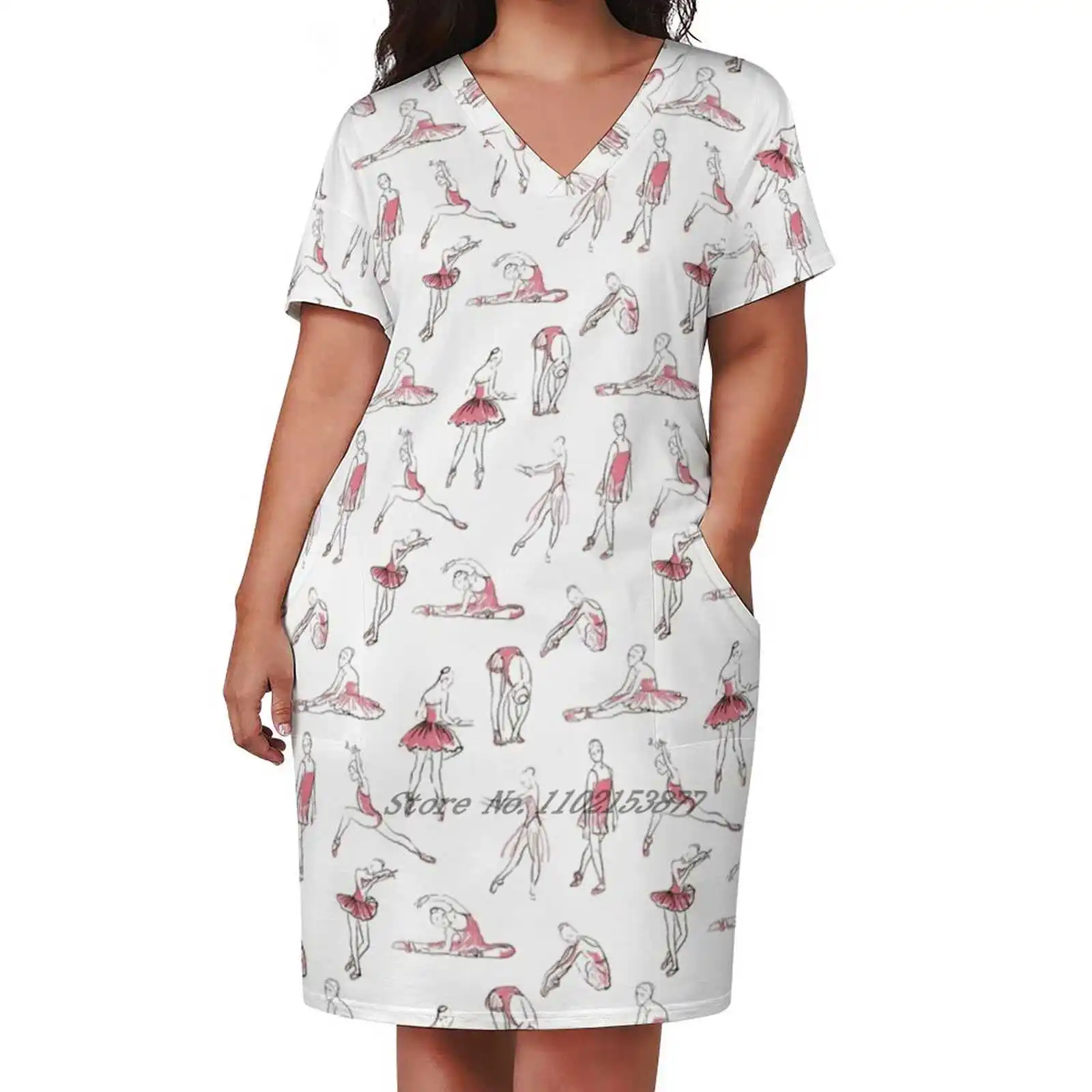 

Ballerina Standing In A Pose Seamless Pattern Loose Pocket Dress Print Short Sleeve Dresses V-Neck Dress 5Xl Vector Ballet
