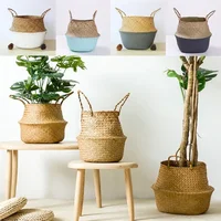 Woven Storage Basket Natural Seagrass Handmade Folding Clthoes Laundry Basket Straw Wicker Rattan Storage Flower Pot Beach Bag 3