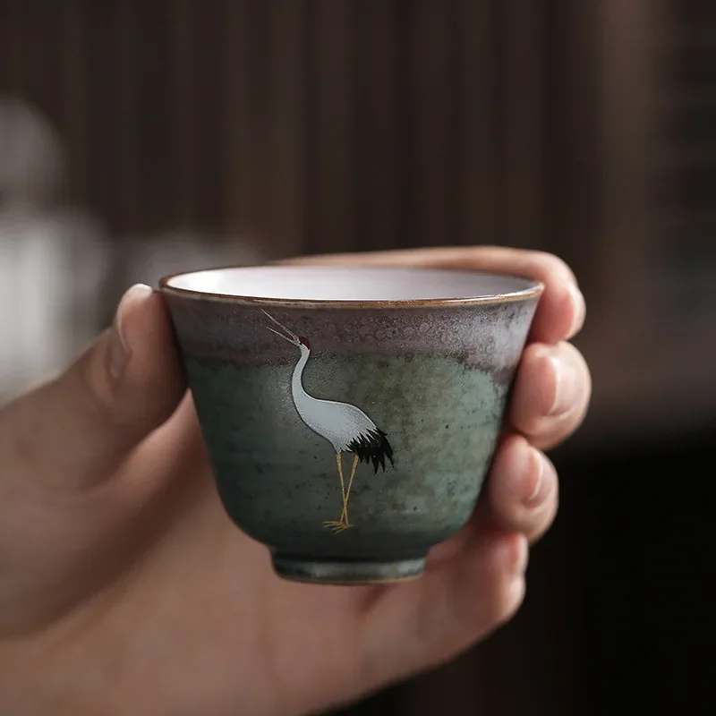 Tea Cup Rui Ching Cheung Crane Tea Cup Handmade Stoneware Kiln Baked Retro Teacup Personal Master Cup Teacups Tea