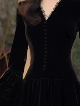 OCEANLOVE 2024 Spring Autumn Women Dresses Velvet Hepburn Style Solid Lantern Sleeve Vestidos Mujer French Vintage Long Dress 3