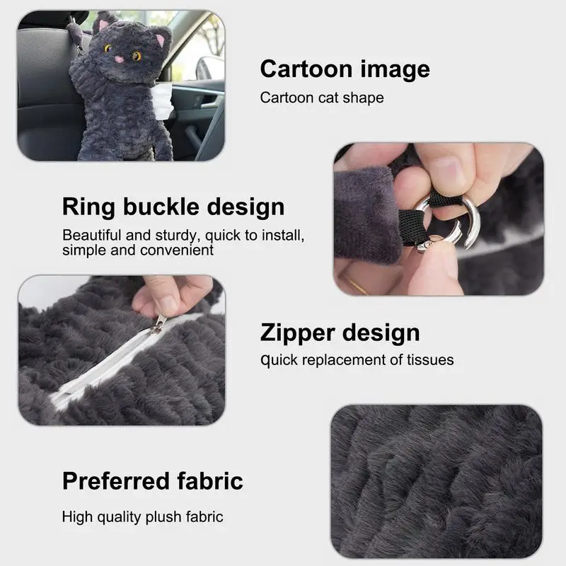 Plush Tissue Dispenser Plush Hangable Animal Car Tissue Holder 2 In 1 Car Tissue Box And Trash Can Decorative Organizer Black 5
