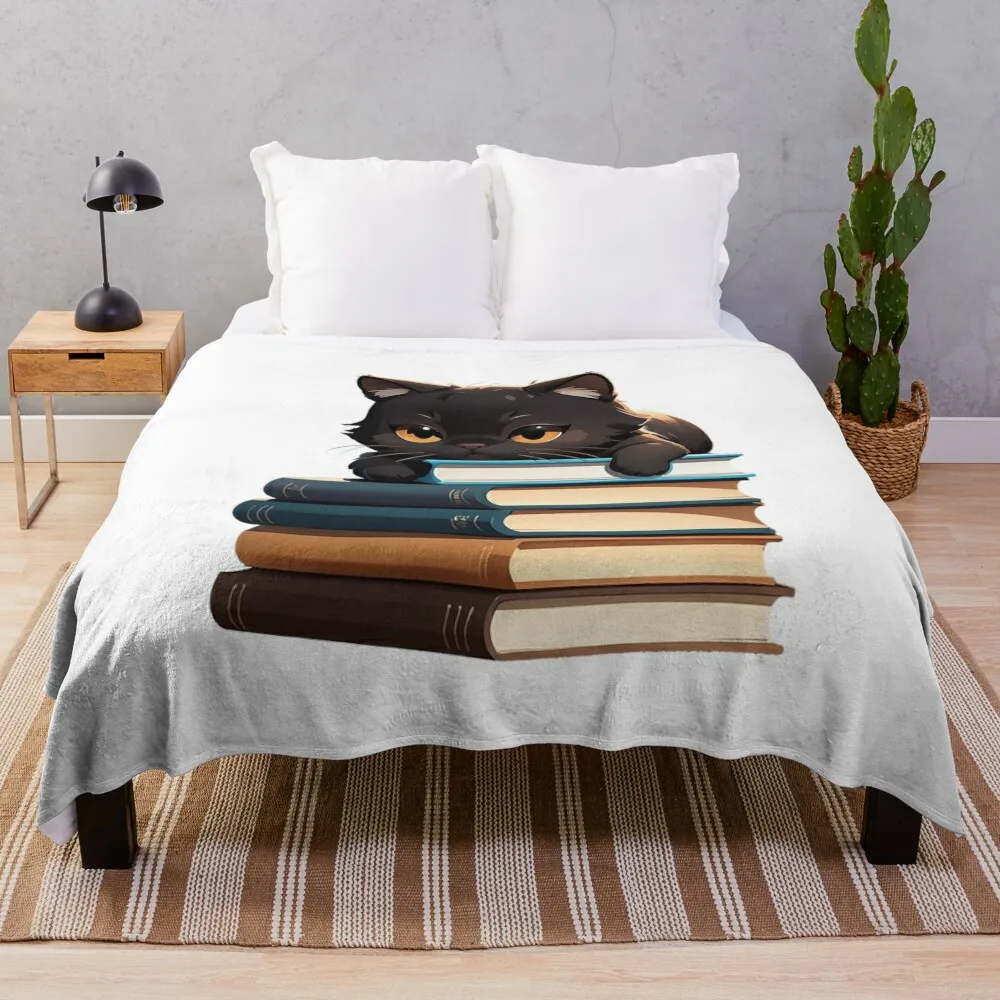 

Cute Baby Black Cat Sleeping on Books aesthetic Throw Blanket Decorative Throw Blanket Soft Bed Blankets