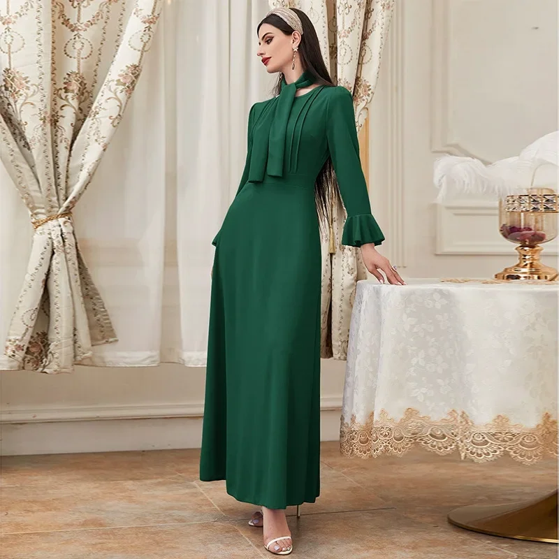 Muslim Abaya Ramadan Morocco Ruffles Sleeve Solid Ribbons Gorgeous Party Dress Kaftan Islam High Waist Vestidos فساتين السهرة