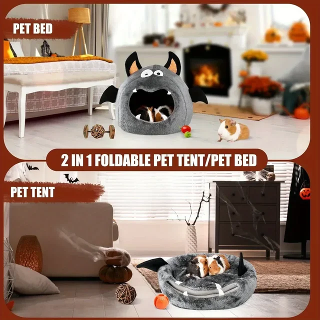 2 in 1 Hamster Nest Halloween Bat-Shaped Cozy Bed for Hamster Guinea Pigs Rabbits & Small Pets Soft Plush Polyester Hideout Bed 4