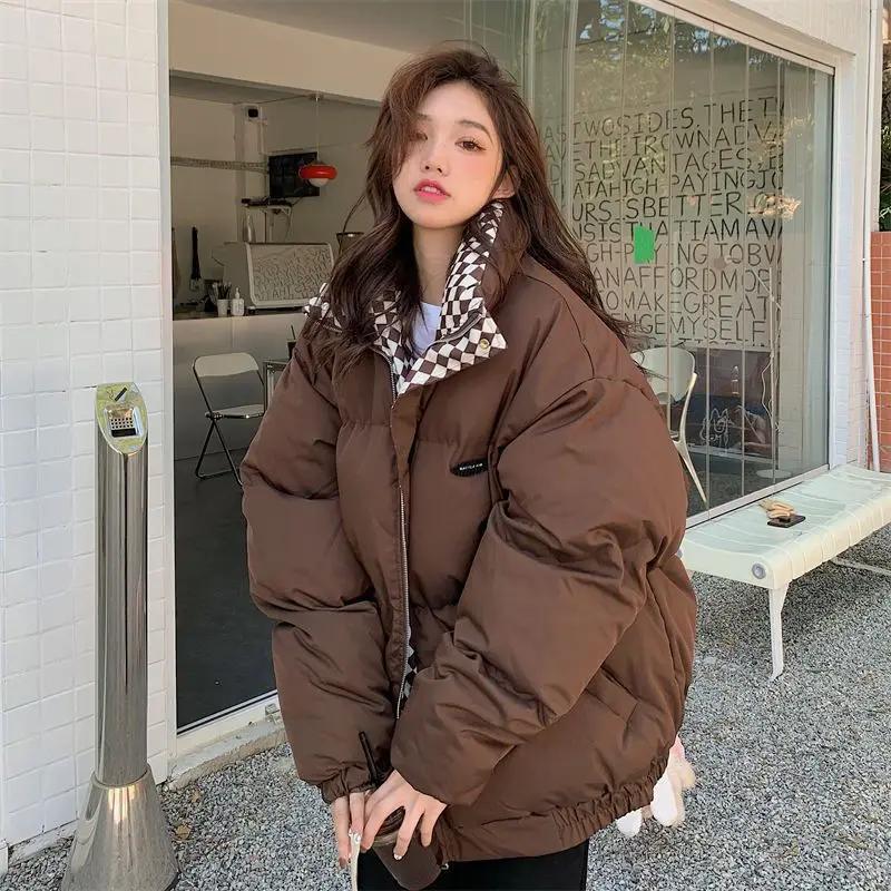 

Y2k Harajuku Checkerboard Cotton-Padded Coat Women Winter Fashion Retro Gothic Thick Baggy Bread Clothin Niche Design Sense Tide