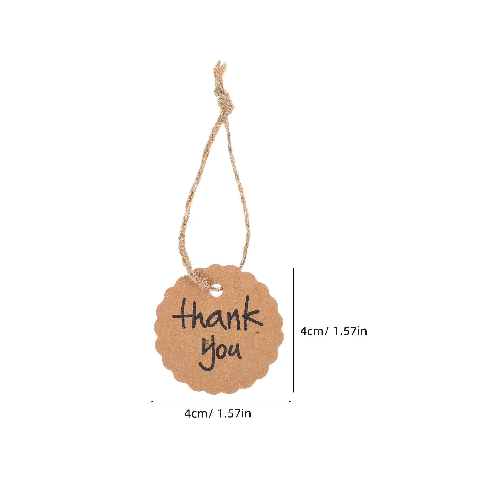 100개 갈색 크라프트 종이 원형 태그 4cm 지름, 물결 모양 길이 20cm 웨딩 답례품 감사 라벨