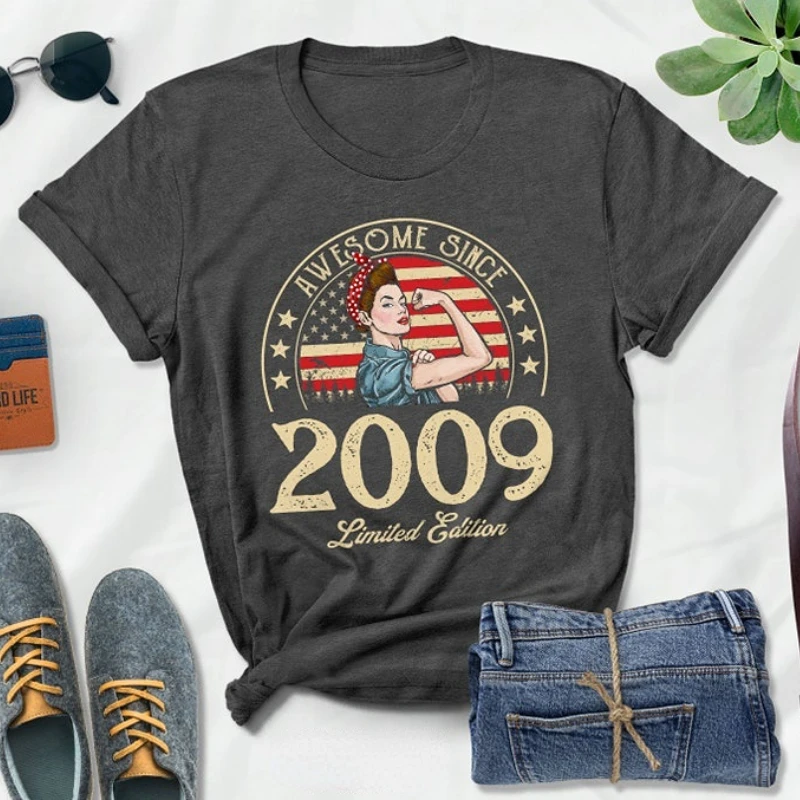 

I got this as a gift --a 2009 vintage print t shirt. Personalized party shirts for women.Her birthday short sleeves graphic tee