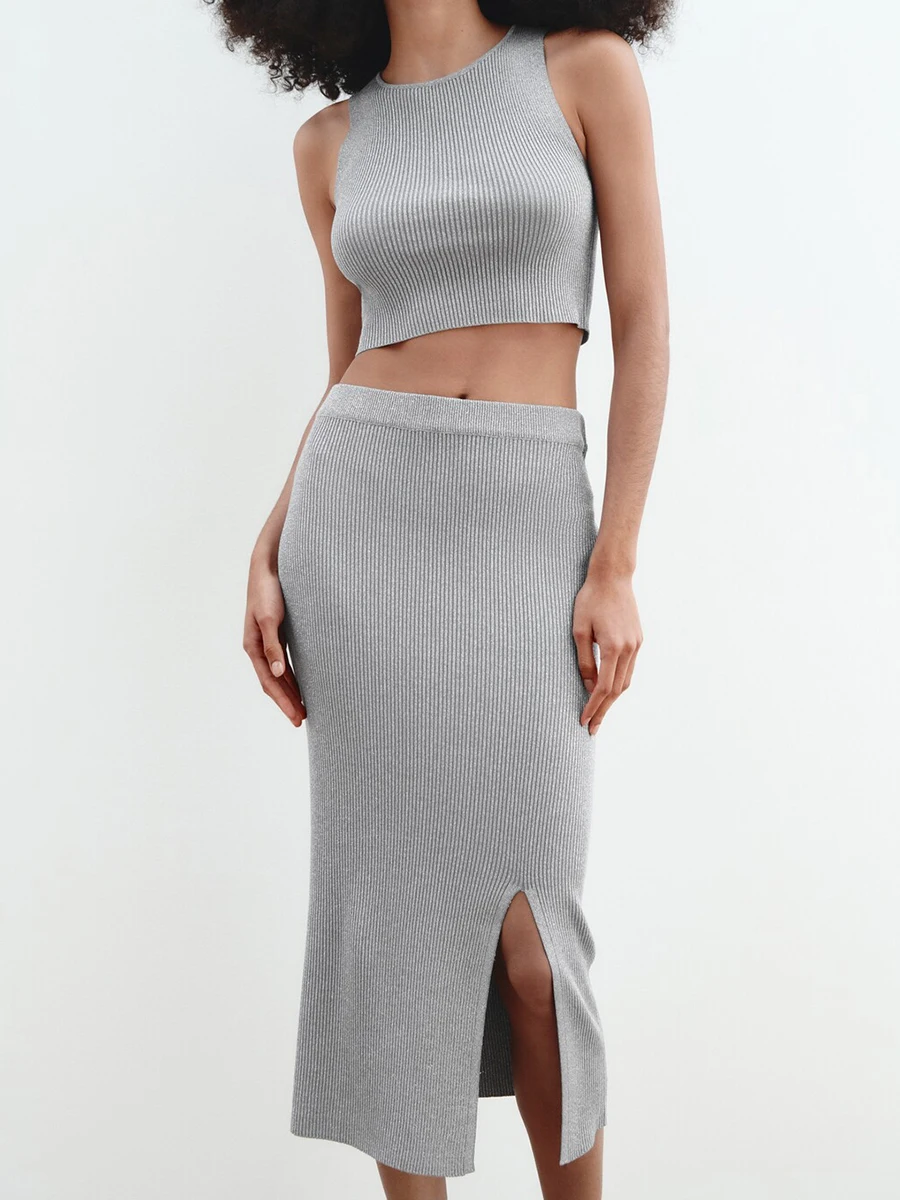 

Solid Woman Fashion Knitted Tank Suits Sexy O Neck Sleeveless Tops High Waist Straight Skirt Set Casual Elegant Women Outfit New
