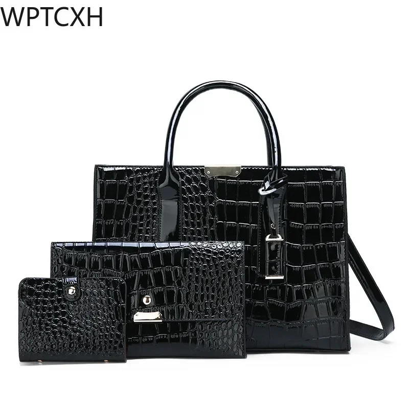 

Brand Designer Large Capacity Shoulder Messenger Bag Casual Tote Sac Vintage Crocodile Pattern Patent Leather Luxury Handbags