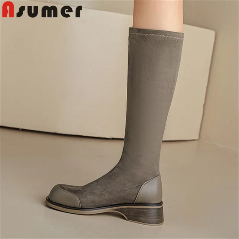 

ASUMER 2024 New Winter Flock Women Boots Slip On Ladies Knee High Boots Zipper Thick Med Heels Platform Shoes