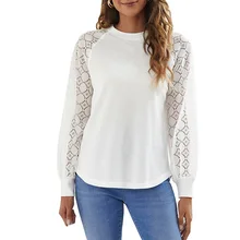 

Women Sleeve Fashion Long Sleeve Tops Lace Patchwork Round Neck Pullover Elegant Solid Color T Shirt Female Ladies Casual Tees