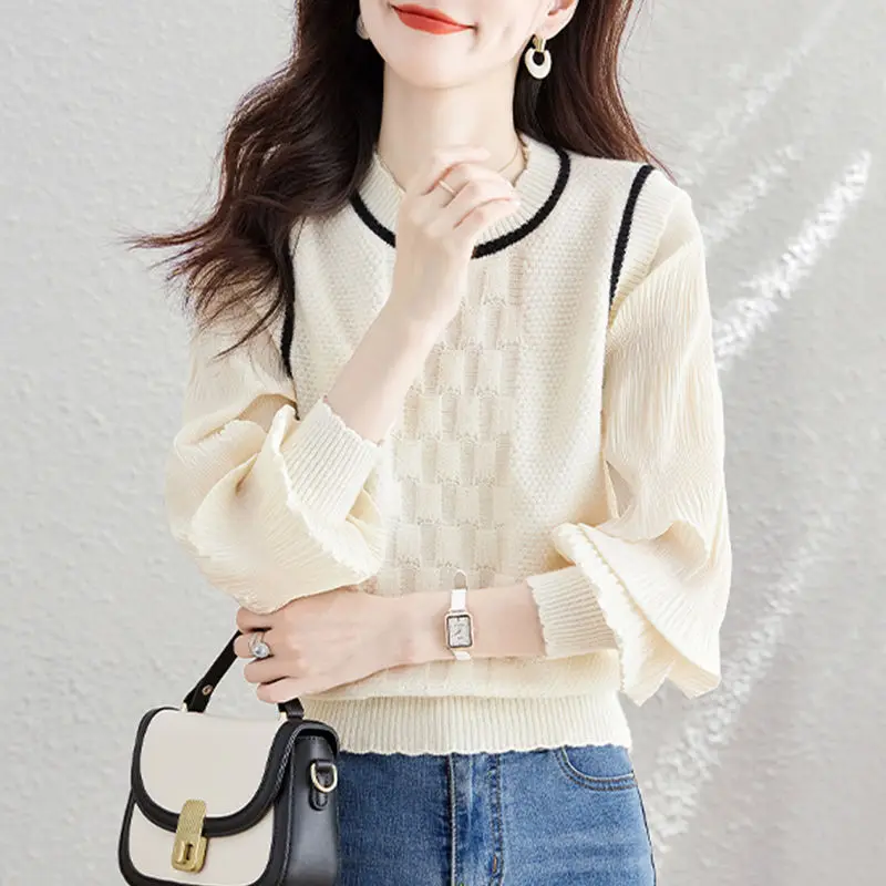 Casual Solid Color Knitted Shirt Spring Autumn Fake Two Pieces Korean Folds Loose Spliced Women's Bright Line Decoration Blouse