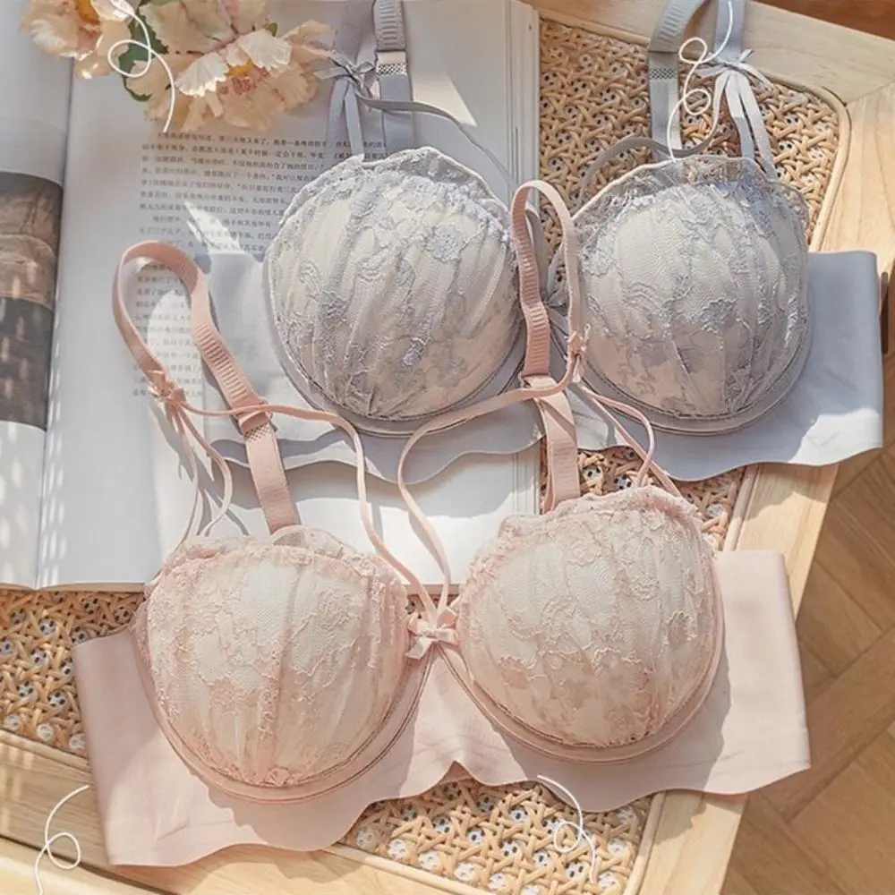 

Lace Wireless Bra Gathered Floral 3/4 Cups Bralette Cross Straps Bowknot Women Underwear