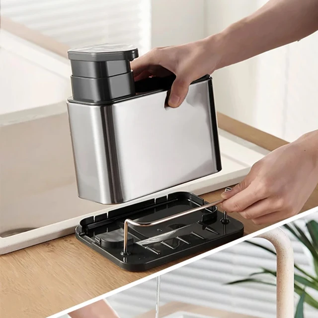 3-in-1 สแตนเลสสตีลเครื่องจ่ายสบู่ฟองน้ําผู้ถือช้อนส้อมจัดเก็บอ่างล้างจานถาดกันสนิม Drainer Rack 5