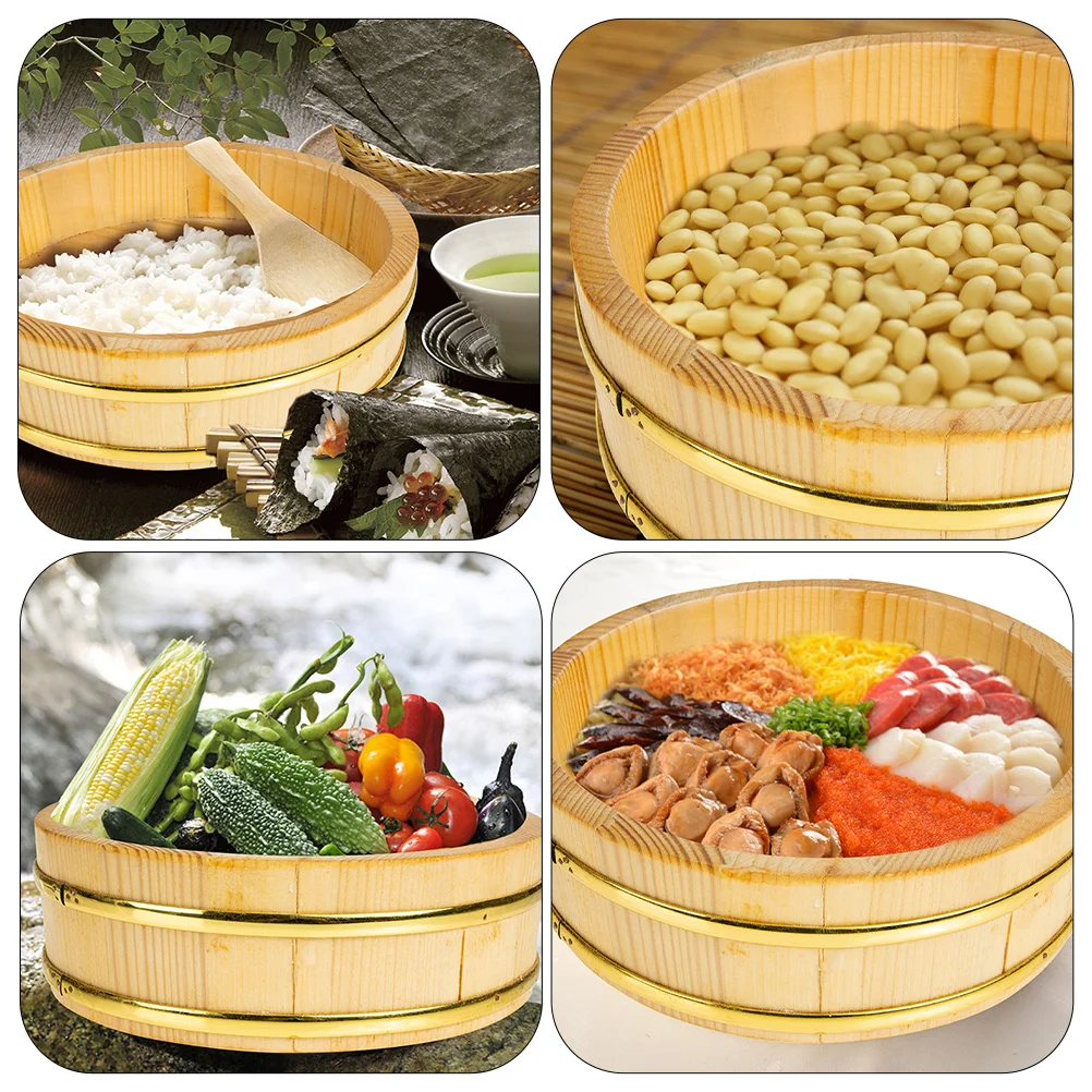 Wooden Food Container Rice Sushi Wooden Bowl Bucket Tub Oke Hangiri Mixing Wood Box Japanese Steamer Barrel Serving Food Container Round Tray Hanging