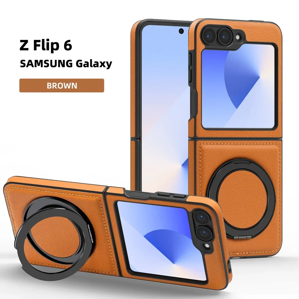 Ring Bracket Leather Flip Case with 360° Protection and Magsafe Compatibility - Shockproof Phone Cover