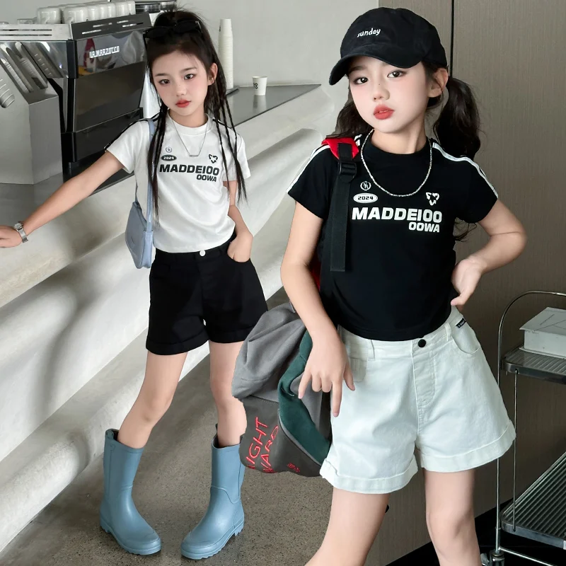 

summer new 4 6 8 10 12 14 cotton baby girls t-shirt fashion design short kids tops white black children letter tee clothes