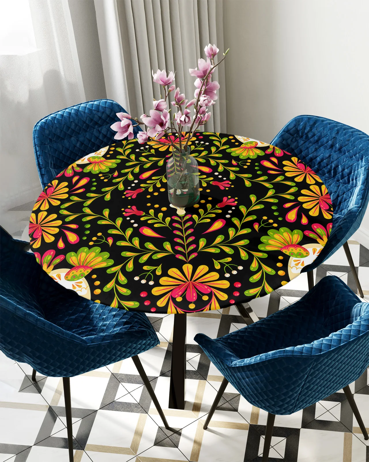 

Mexican Geometric Flower Birds Round Tablecloth Elastic Table Cover Indoor Outdoor Waterproof Dining Table Decoration Accessorie