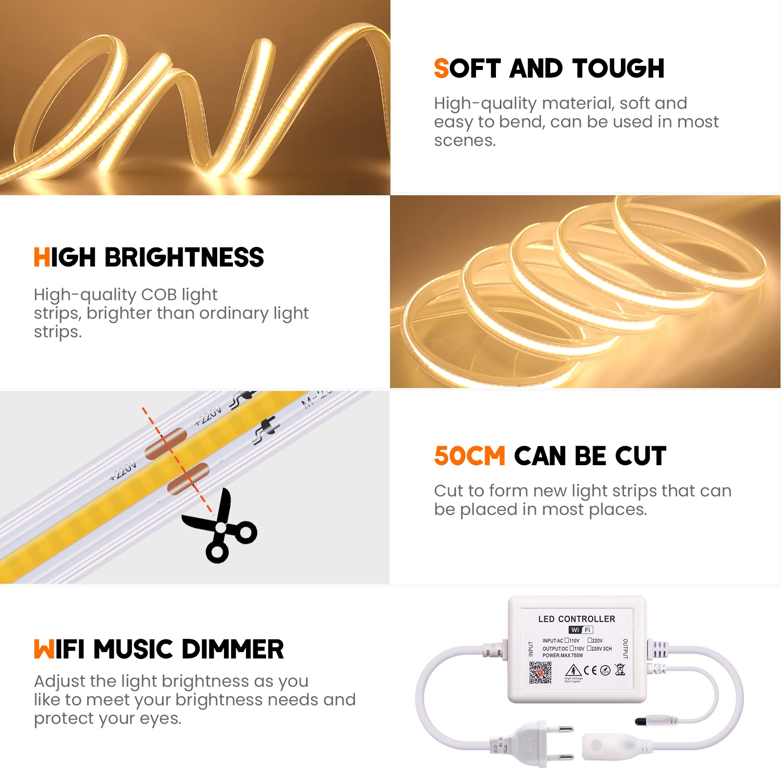 AC 220V COB LED Strip Light Tuya WIFI Alexa Control Dimmable Flexible Ribbon Diode IP65 Waterproof Bluetooth LED Tape Stripe