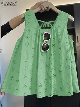 2025 ZANZEA Summer Sleeveless Lace Crochet Blouse Stylish Women Tanks Tops Elegant Hollow Out Embroidered Shirt Lace-Up Camis