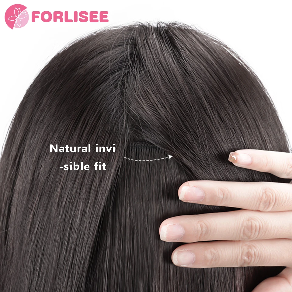 Perruque Synthétique Longue et Lisse de 23 Pouces, Postiche Moelleux, avec Cheveux Longs Invisibles, Extension de Cheveux Sans Balle, Trois Pièces, pour Femme