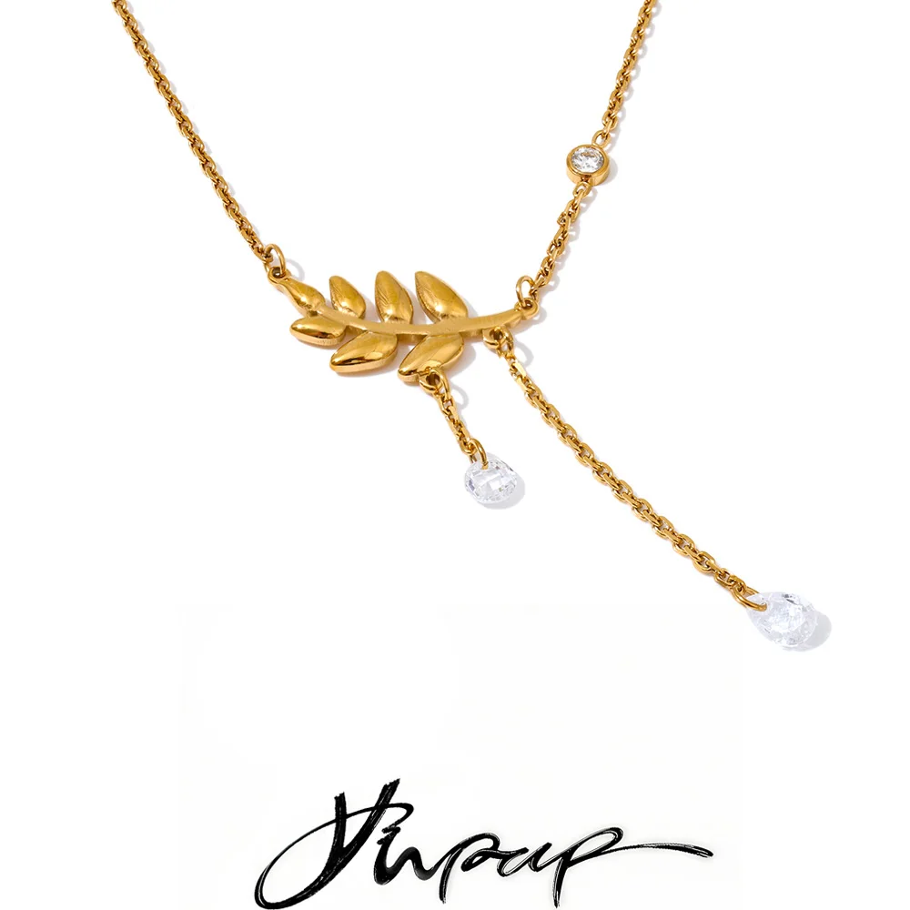 Yhpup Stainless Steel Leaf Chain Pendant Necklace