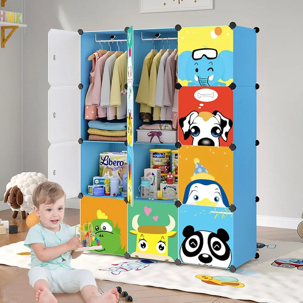 Kids Closet,Baby Wardrobe Closet with Door,Cute Portable Armoire Dresser,Clothes Hanging Storage Rack for Boy Bedroom 5