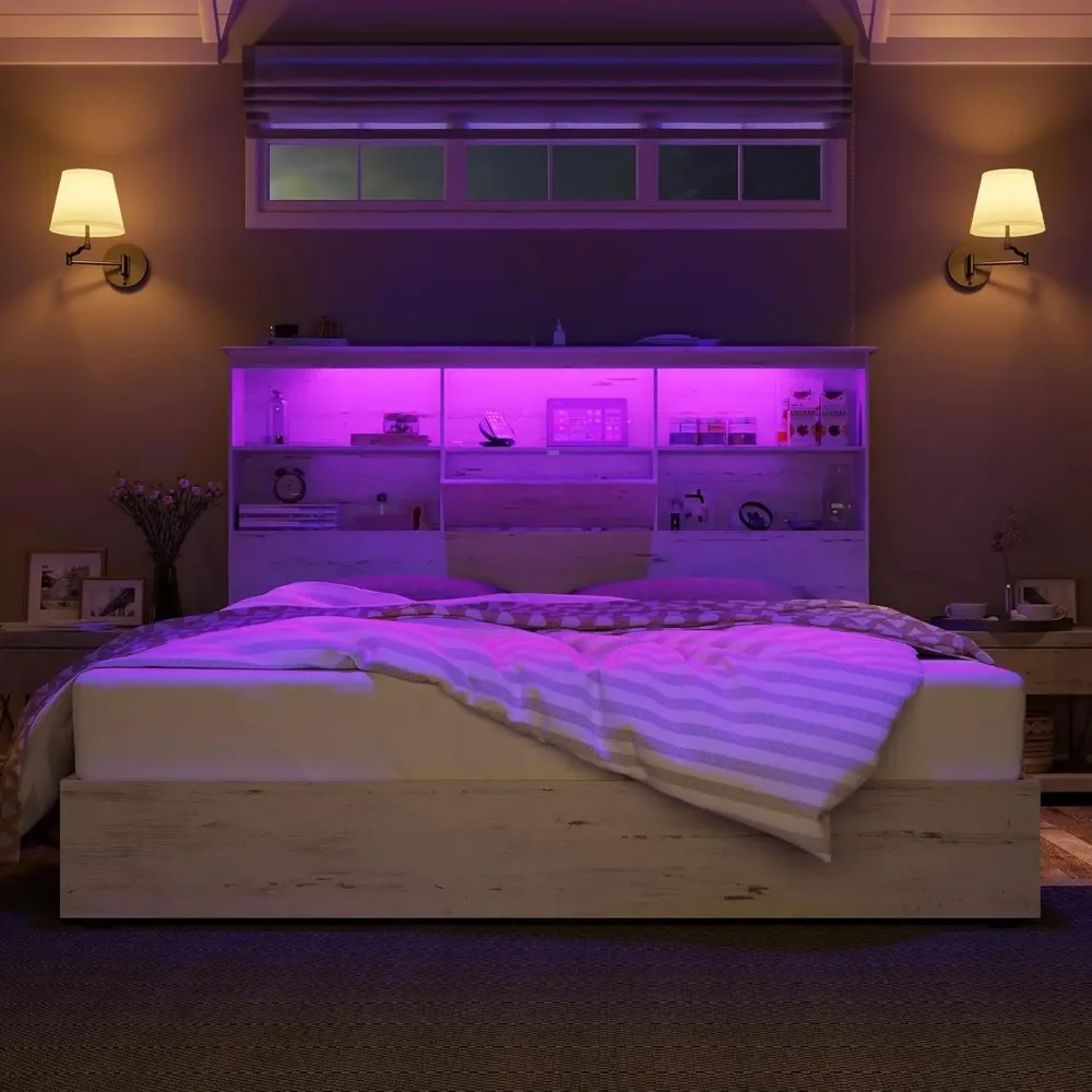 King Size Bed Frame with 51.2" Storage LED Bookcase Headboard, 4 Drawers & Charging Station, No Box Spring Needed, Noise Free 2