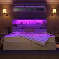 King Size Bed Frame with 51.2" Storage LED Bookcase Headboard, 4 Drawers & Charging Station, No Box Spring Needed, Noise Free 2