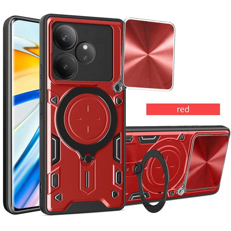 Enhanced Slide Lens Protect Phone Case with Armor Magnetic Holder and Ring Back Cover