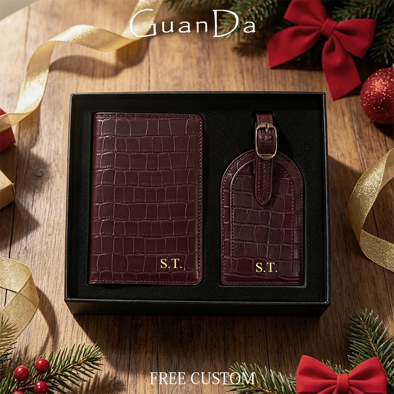 Crocodile Patterned PU Leather Engrave Name Passport Holder Luggage Tag With Gift Box Luxury DIY Letters Travel Passport Cover