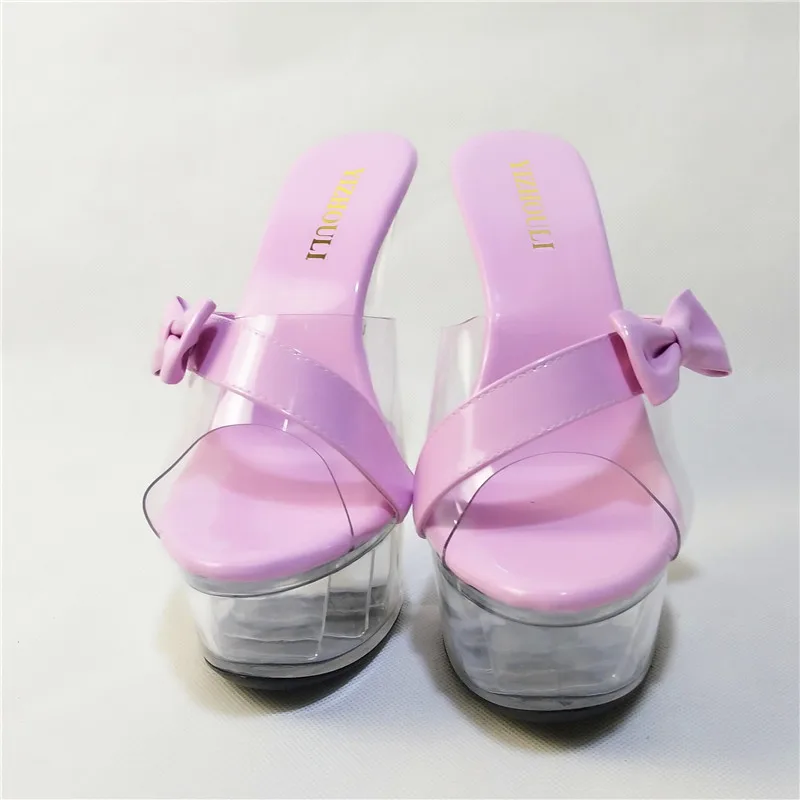 The bowknot adorns transparent fashionable in summer wear high heels, pink crystal shoes, new high heels 15cm dance shoes
