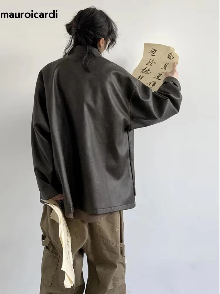 Mauroicardi Spring Cool Oversized Vintage Distressed Pu Leather Jacket Men Elegant Luxury Designer Chinese Style Clothes