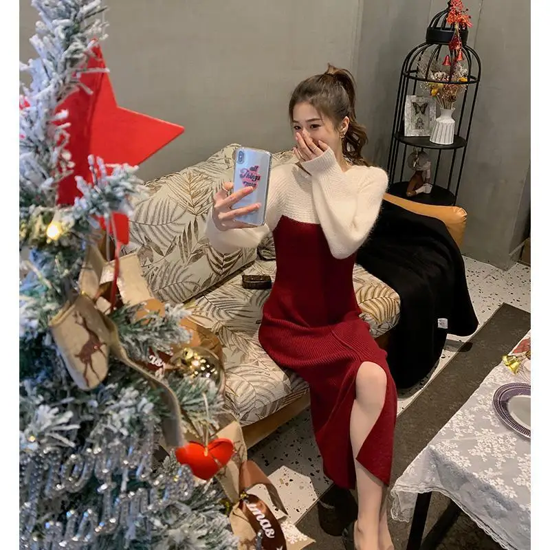 

Pullover long sweater 2023 autumn and winter French -style lady red interior with coat knitting base o neck pullover sweater