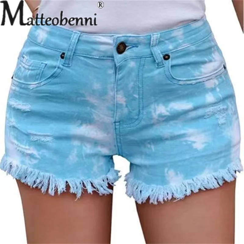 Sweet Style Colourful Tie-dye Denim Shorts Female Fashion Tassel Straight Three Quarter Pants Streetwear Women New 3-point Jeans