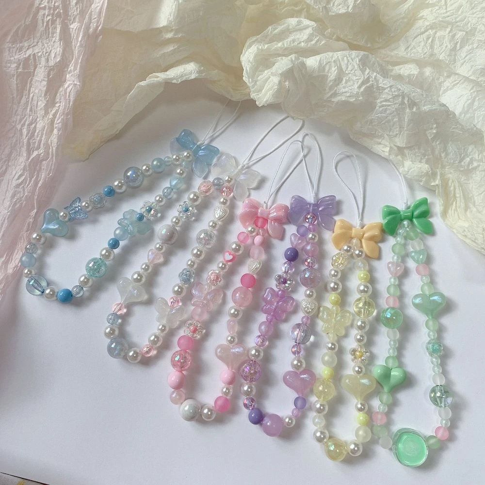 Phone Charm Bow Heart Beaded Bracelet Colorful Lanyard Flower Butterfly Pearl Mobile Phone Wrist Strap Anti-Lost Chains