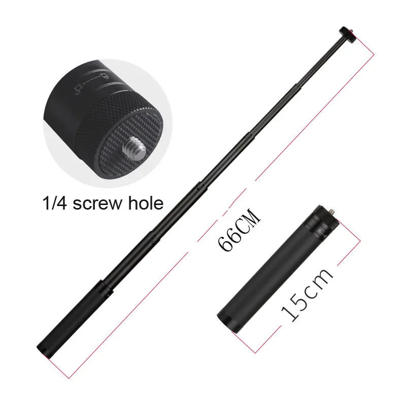 Tige d'extension télescopique pliable 66cm pour cardan, en position pliée pour un transport compact.