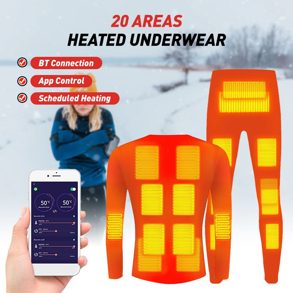 

Women's Winter Thermal Underwear Men Winter Warm 20 Areas Electric USB Heating Shirt and Pants Set App Control 5 Temperature