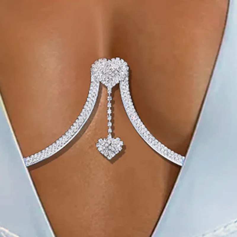 Heart Cross Chest Chain Necklace Harness Body Jewelry Crystal Rhinestone  Chest Bracket Bra Body Chain for Women Bikini Decor