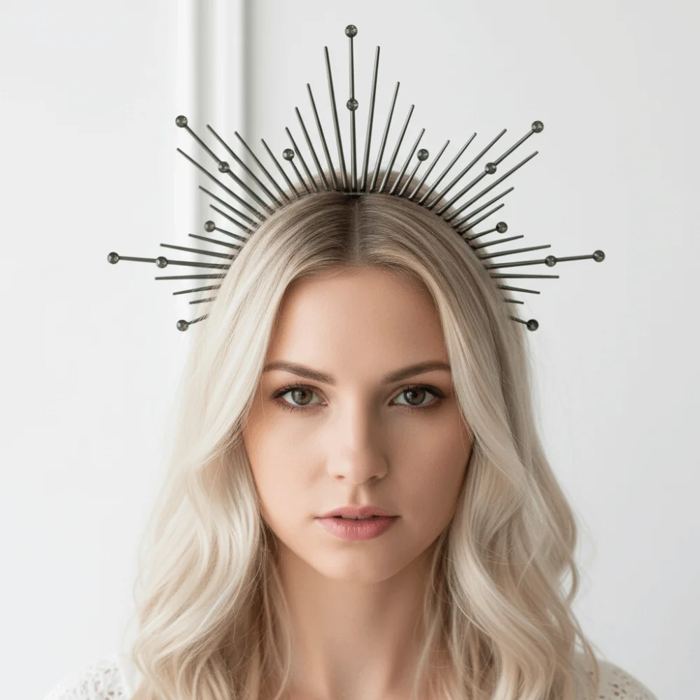 Gothic Halo Sonnenkrone in Schwarz, Lolita Stachelkopfschmuck im Barock-Stil für Fotografie, Performance, Renaissance Cosplay Stirnband – Detail 10