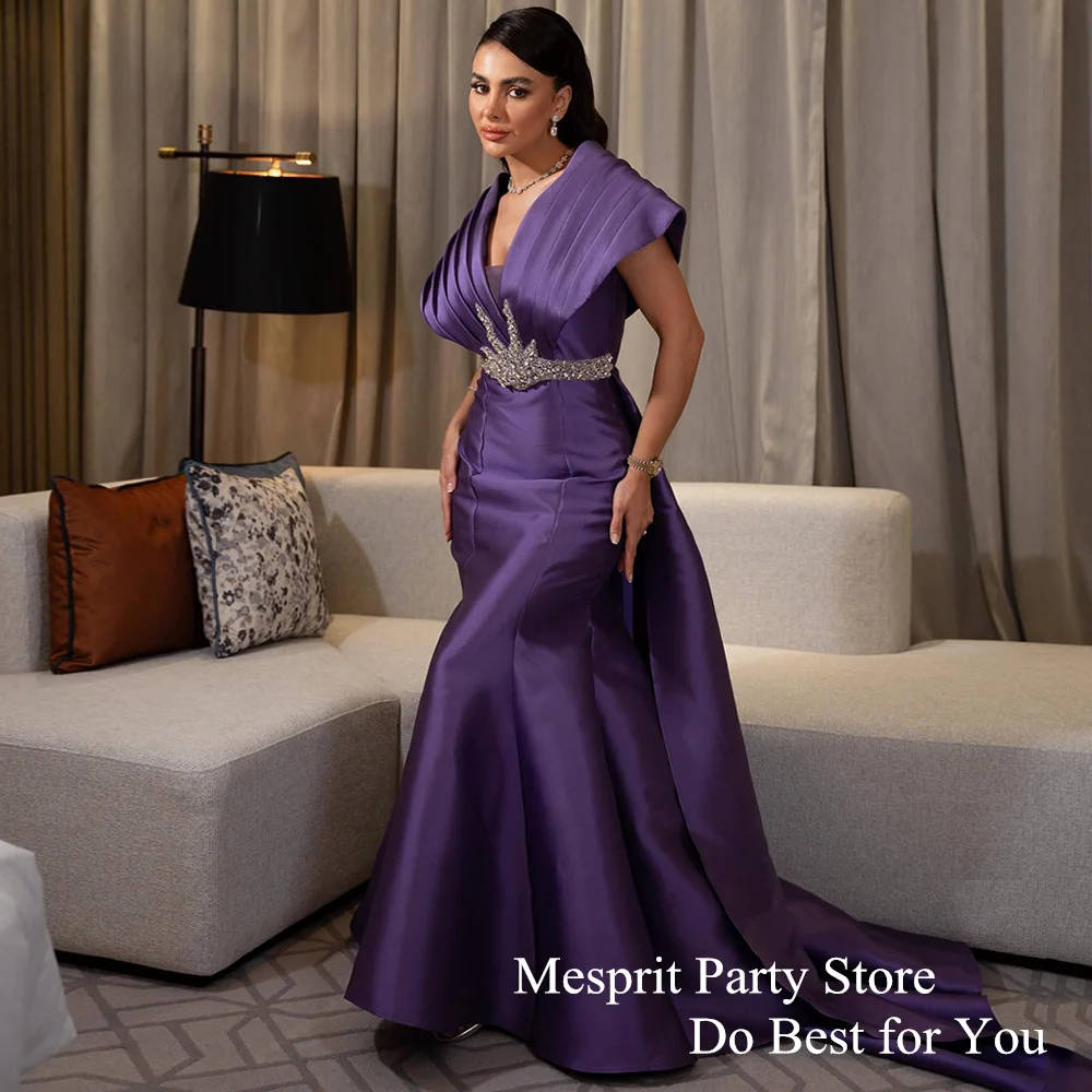 

Mesprit Elegant Satin Mermaid Evening Dress Sweep Train Trumpet Prom Dresses Beads Rhinestones V Neck Arabian Party Gown