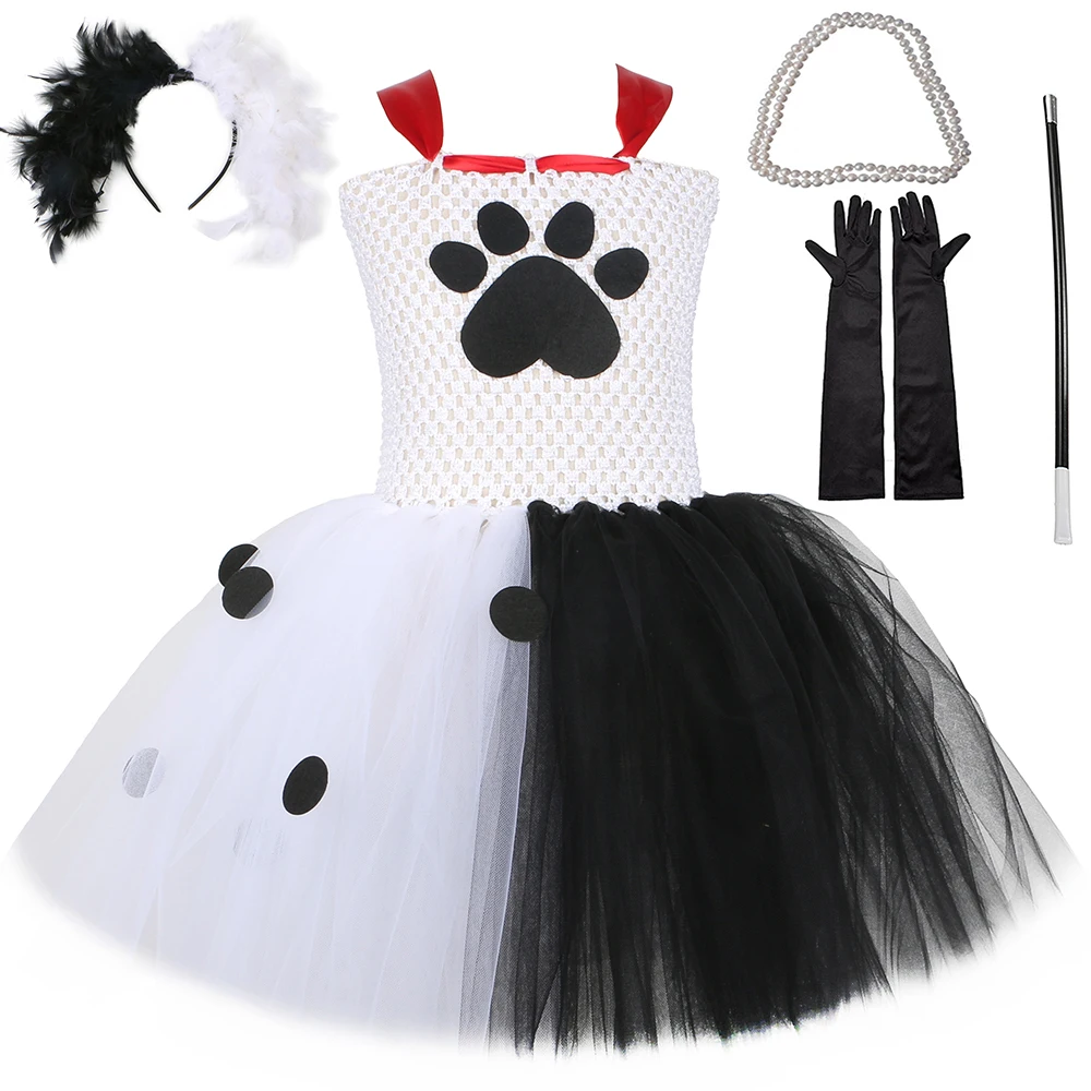 

Girls Cruella De Vil Tutu Dress Polka Dot Dalmatians Villain Halloween Costume for Kids Fancy Carnival Party Clothes Outfit 1-12