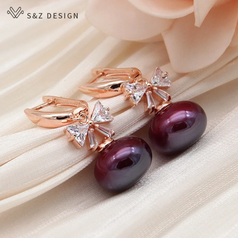 S&Z DESIGN New Fashion Cubic Zirconia Bowknot Wine Red Round Beads Dangle Earrings For Women Wedding 585 Rose Gold Color Jewelry
