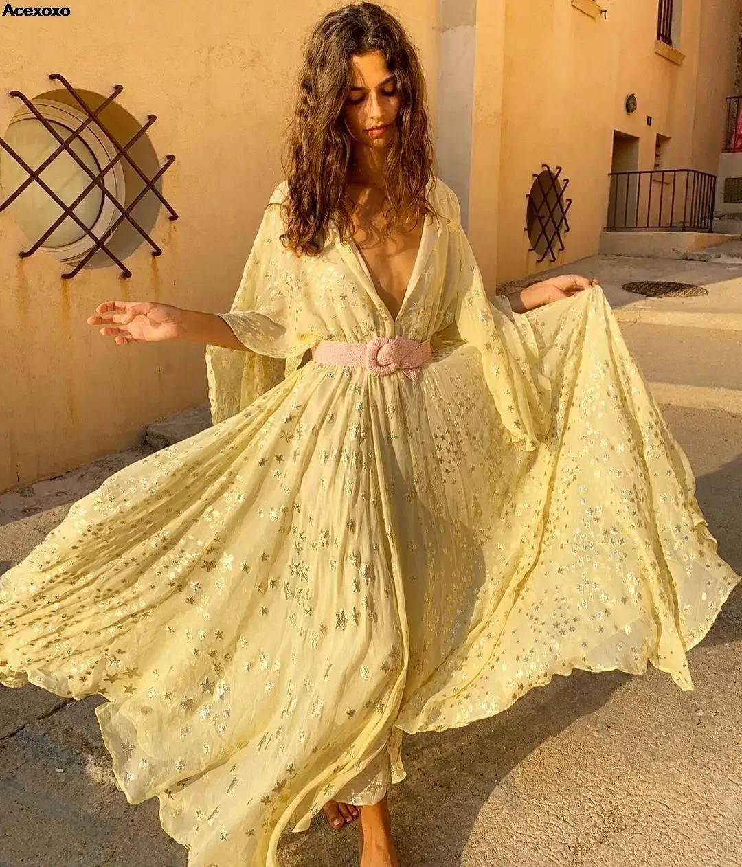 

Summer new women's fashion casual print deep V romantic waist dress