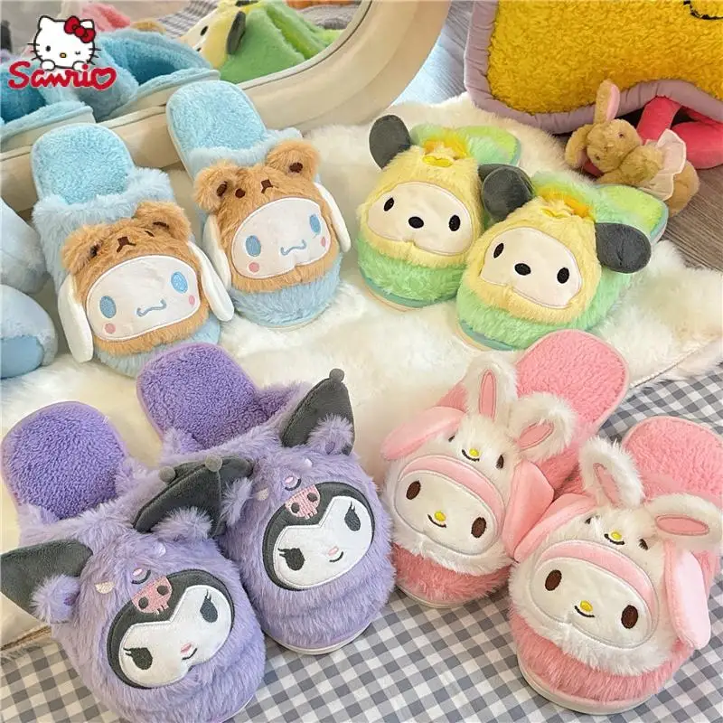 

Cartoon Sanrios Plush Slippers Kuromi Cinnamoroll Melody Kawaii Cute Girl Winter Home Non-Slip Warm Slippers Kids Christmas Gift