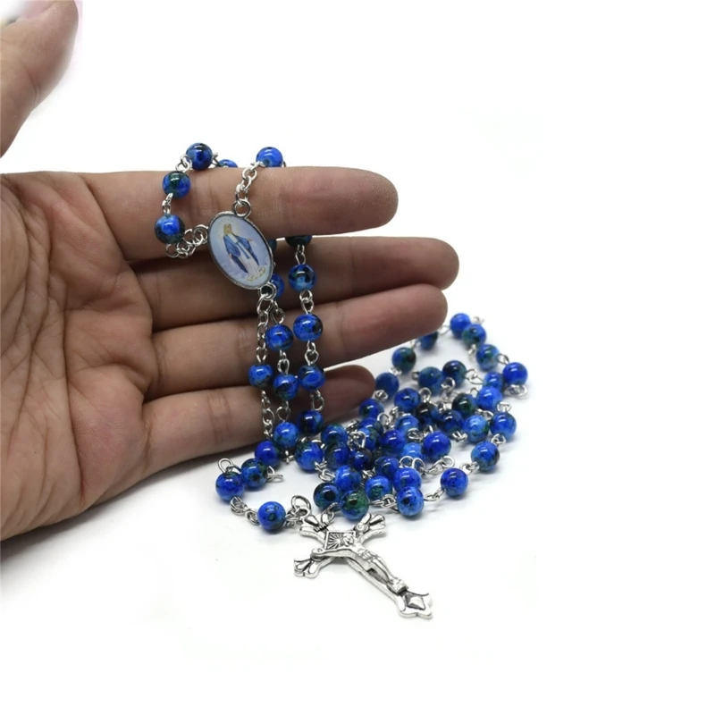 Glass Beads Catholic Rosary Necklace Fashion Crucifix Pendant Chain
