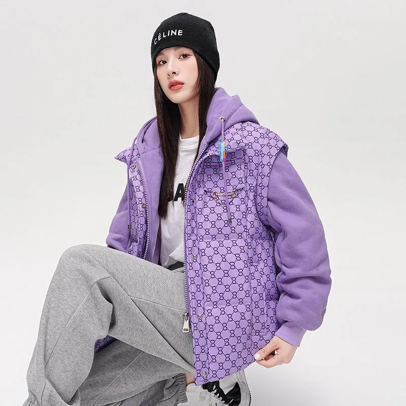 Women White Duck Down Jacket Winter Coat Female Fake Two Pieces Warm Thick Parkas Short Hooded Outwear Loose Large Size Overcoat
